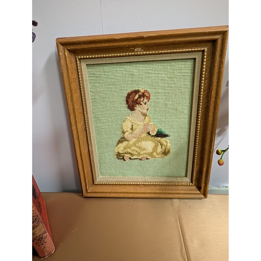Vintage Framed Needlepoint Art Little‎ Girl Embroidery Wall Decor Home Accent